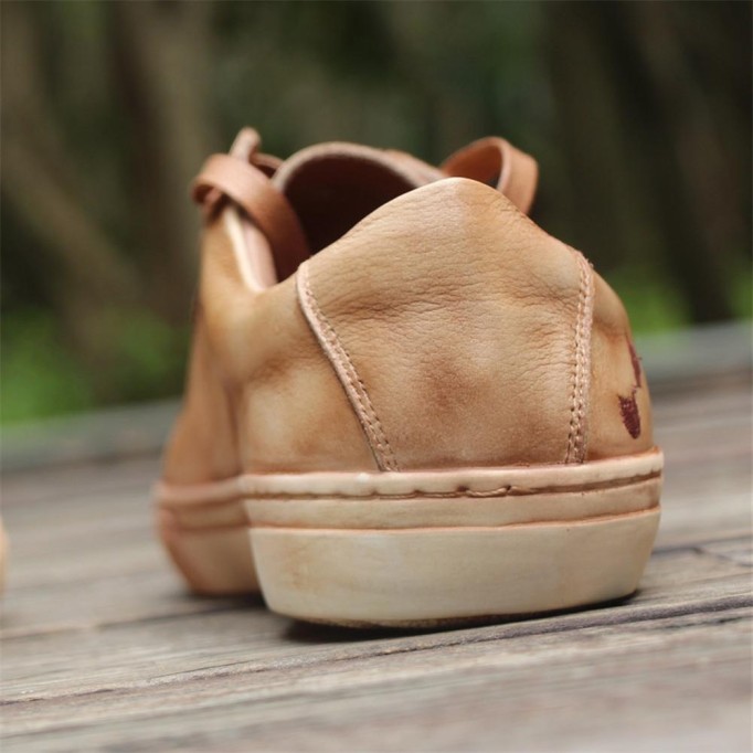 Handmade Women’S Low Top Fashion Leather Lace Up Sneakers Flower Embroidery