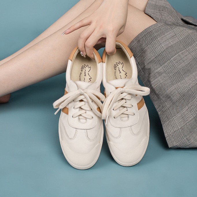 Handmade Soft Leather white shoes for women Lace up Sneakers Designer Shoes Yellow/Green/Black