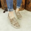 Hand-Printing Sneakers Women Calf Leather Low Wedge Walking Shoes Flats Black/Khaki