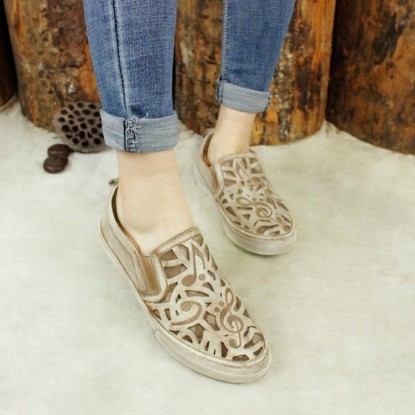 Hand-Printing Sneakers Women Calf Leather Low Wedge Walking Shoes Flats Black/Khaki
