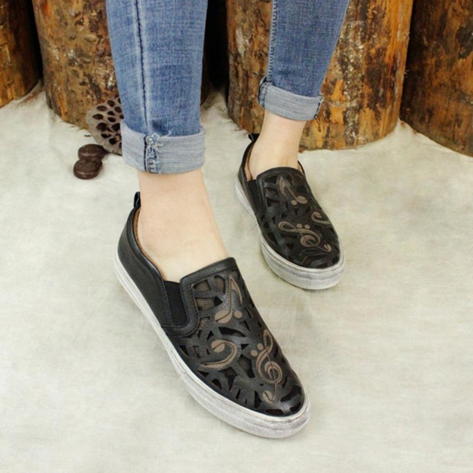 Hand-Printing Sneakers Women Calf Leather Low Wedge Walking Shoes Flats Black/Khaki