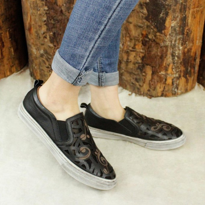 Hand-Printing Sneakers Women Calf Leather Low Wedge Walking Shoes Flats Black/Khaki