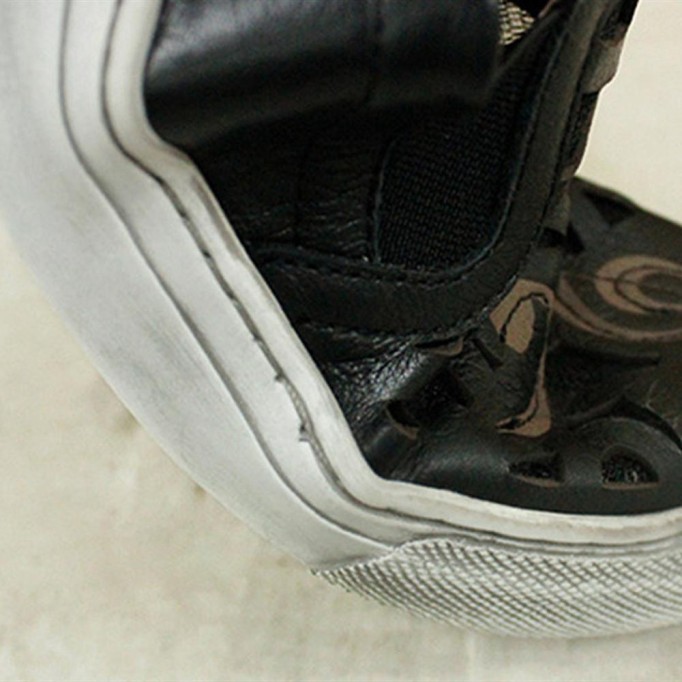 Hand-Printing Sneakers Women Calf Leather Low Wedge Walking Shoes Flats Black/Khaki