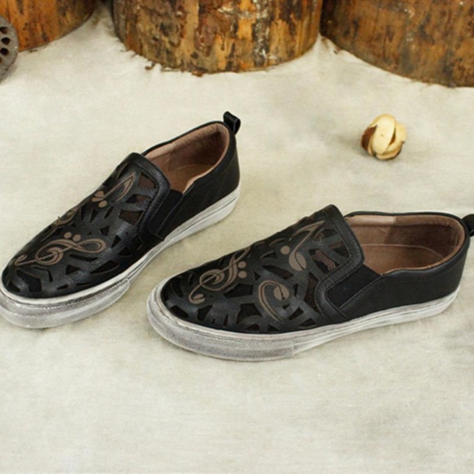 Hand-Printing Sneakers Women Calf Leather Low Wedge Walking Shoes Flats Black/Khaki