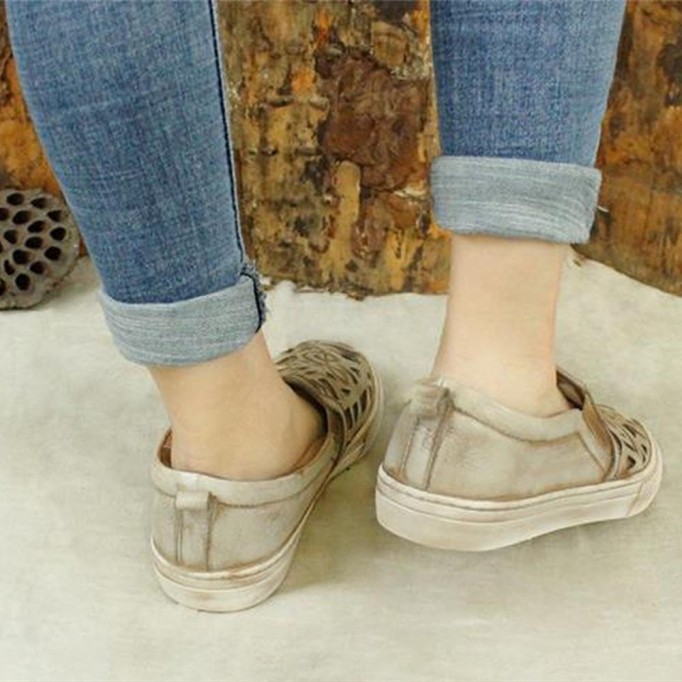 Hand-Printing Sneakers Women Calf Leather Low Wedge Walking Shoes Flats Black/Khaki