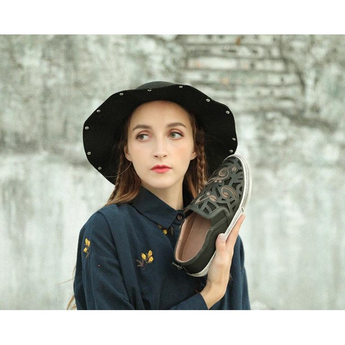 Hand-Printing Sneakers Women Calf Leather Low Wedge Walking Shoes Flats Black/Khaki