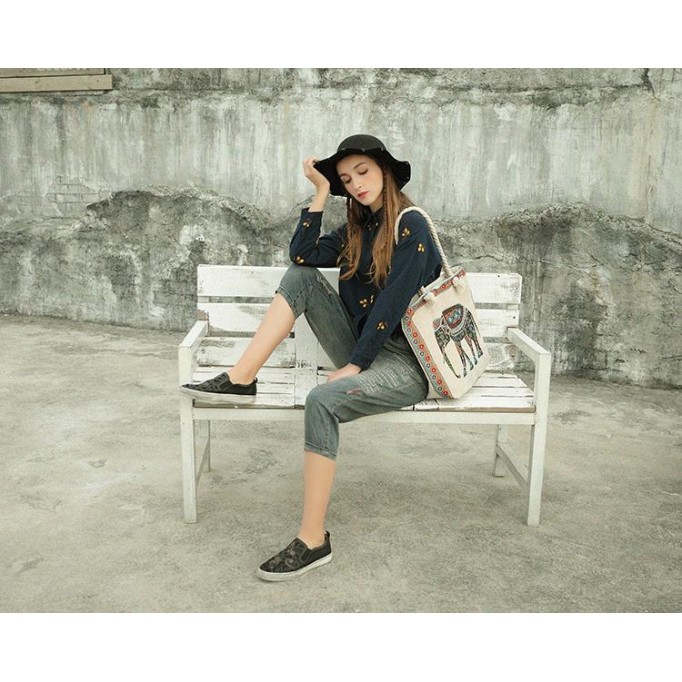 Hand-Printing Sneakers Women Calf Leather Low Wedge Walking Shoes Flats Black/Khaki