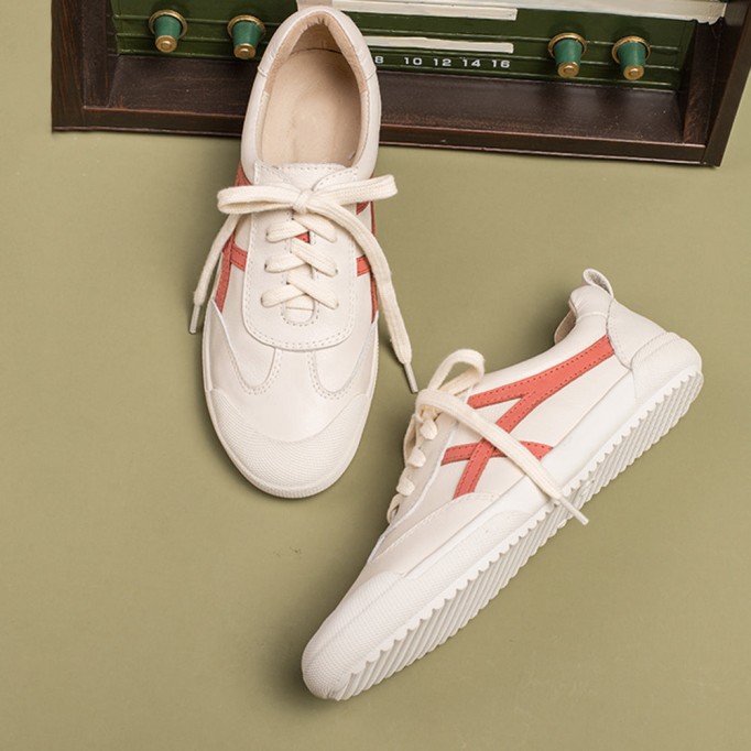 Handmade Soft Leather white shoes for women Lace up Sneakers Designer Shoes Blue Strips /Red Strips