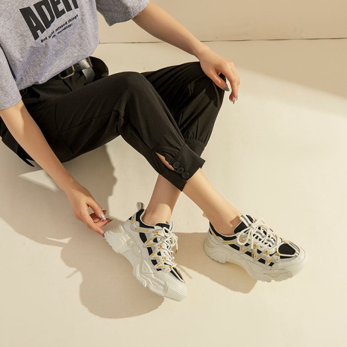 Women's Genuine Leather Chunky Sneakers in Black/White