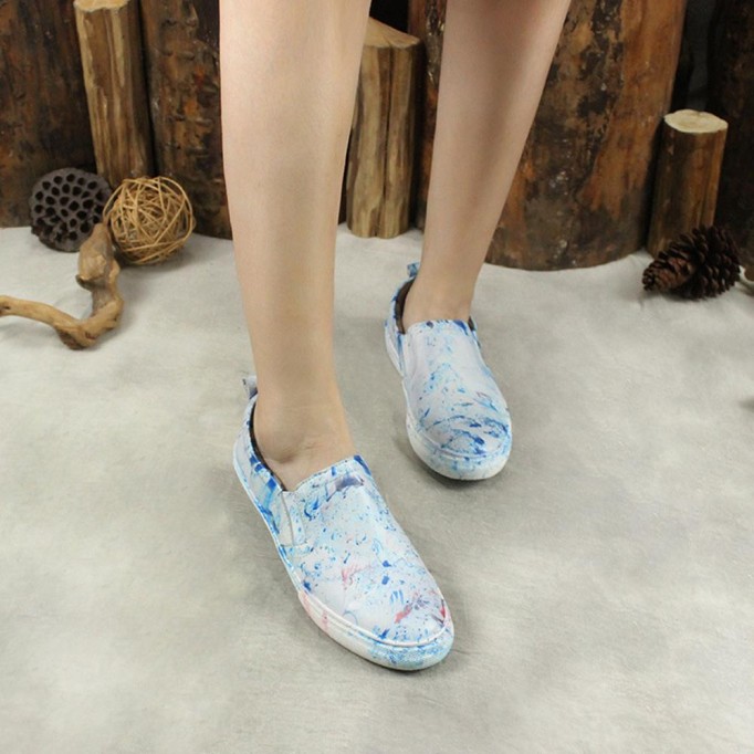 Women'S Sneakers Handmade Casual Flat Shoes Soft Leather Loafers Blue