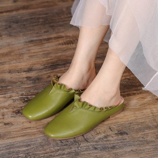 Women'S Leather Slippers Loafers Sandals Round Toe Lightweight Flat Shoes Green/Khaki/Off white