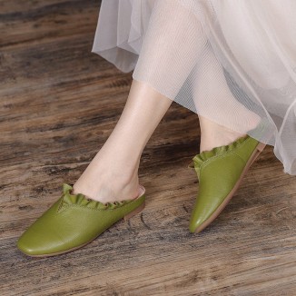 Women'S Leather Slippers Loafers Sandals Round Toe Lightweight Flat Shoes Green/Khaki/Off white