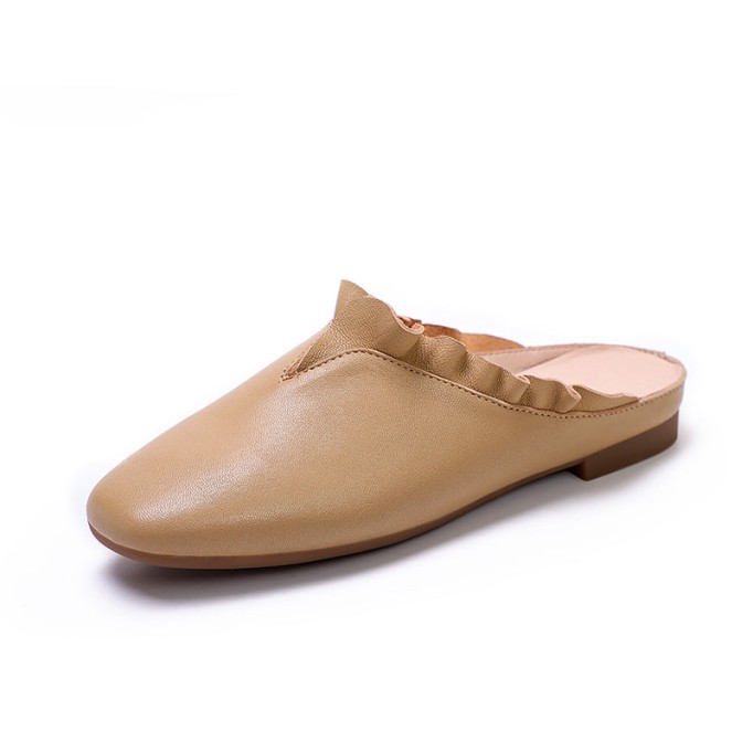 Women'S Leather Slippers Loafers Sandals Round Toe Lightweight Flat Shoes Green/Khaki/Off white