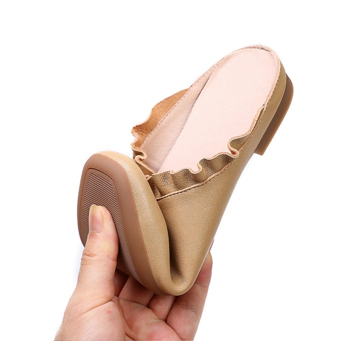 Women'S Leather Slippers Loafers Sandals Round Toe Lightweight Flat Shoes Green/Khaki/Off white