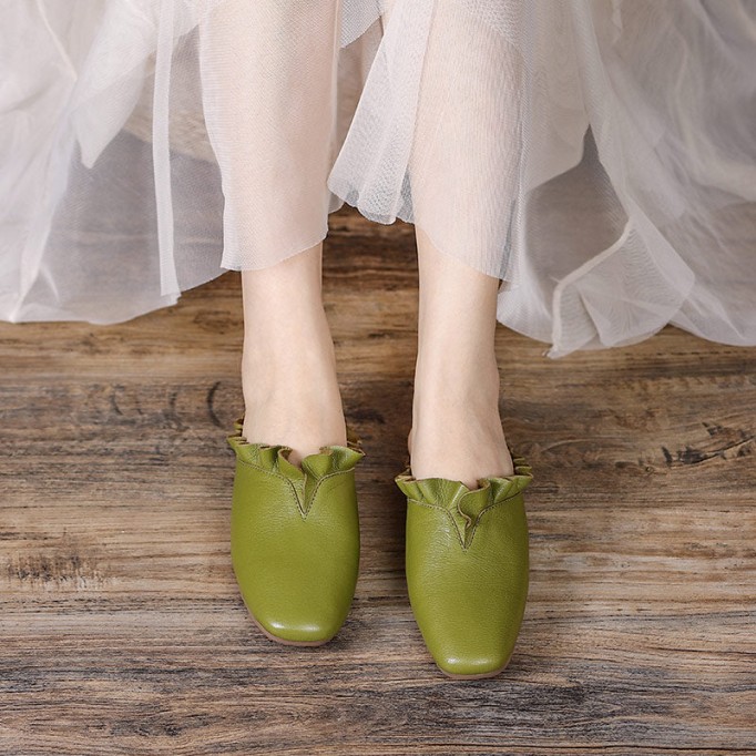 Women'S Leather Slippers Loafers Sandals Round Toe Lightweight Flat Shoes Green/Khaki/Off white