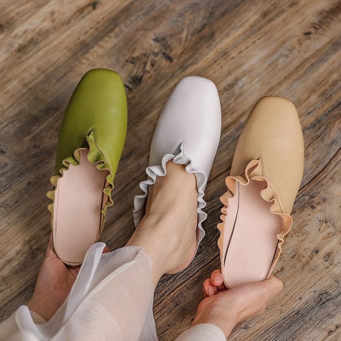 Women'S Leather Slippers Loafers Sandals Round Toe Lightweight Flat Shoes Green/Khaki/Off white