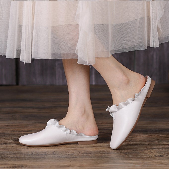 Women'S Leather Slippers Loafers Sandals Round Toe Lightweight Flat Shoes Green/Khaki/Off white