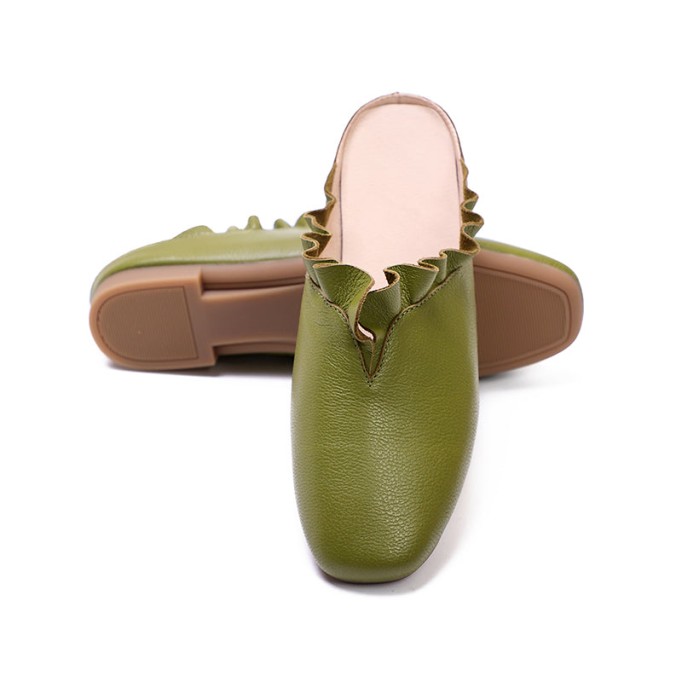 Women'S Leather Slippers Loafers Sandals Round Toe Lightweight Flat Shoes Green/Khaki/Off white
