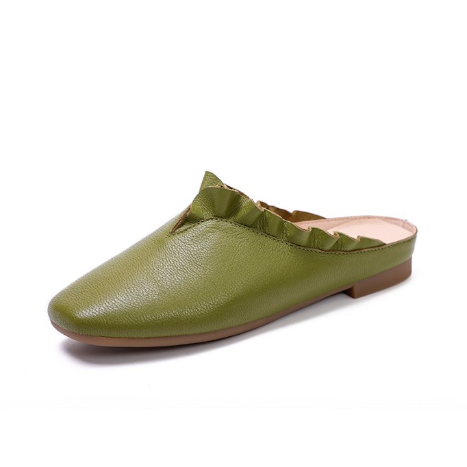 Women'S Leather Slippers Loafers Sandals Round Toe Lightweight Flat Shoes Green/Khaki/Off white