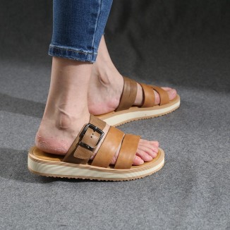 Leather Buckle Sandals Open Toe Retro Handmade Gladiator Sandals Khaki/Beige