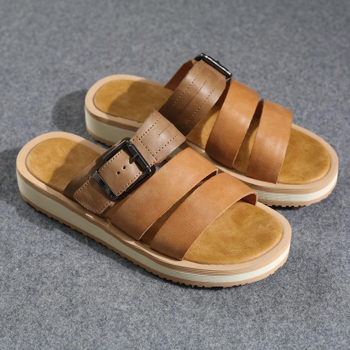 Leather Buckle Sandals Open Toe Retro Handmade Gladiator Sandals Khaki/Beige