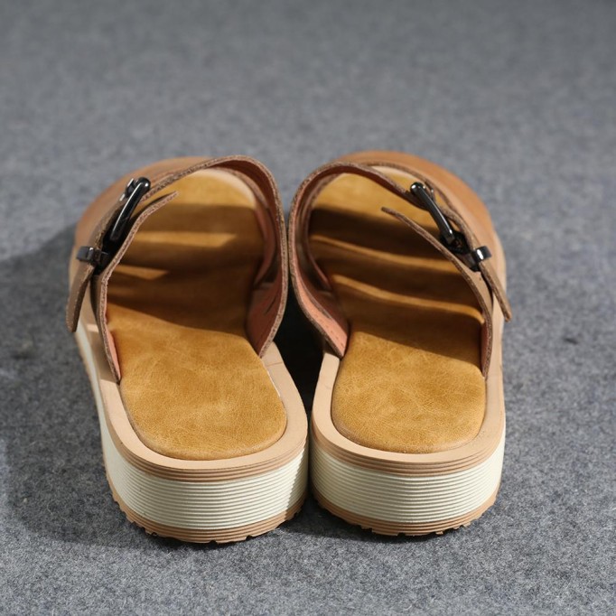 Leather Buckle Sandals Open Toe Retro Handmade Gladiator Sandals Khaki/Beige