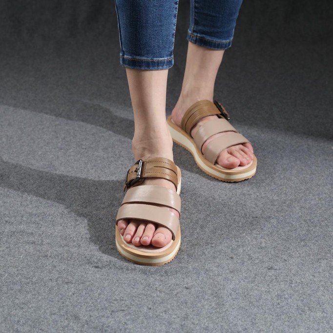 Leather Buckle Sandals Open Toe Retro Handmade Gladiator Sandals Khaki/Beige