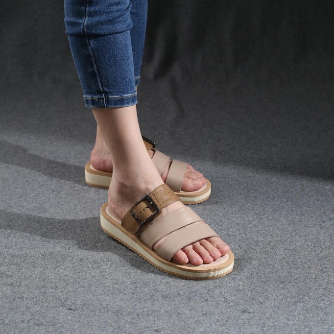 Leather Buckle Sandals Open Toe Retro Handmade Gladiator Sandals Khaki/Beige