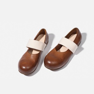 Goodyear Horse Leather Shoes For Women Flat Round Toe Mary Jane Leather Sole in Black/Coffee