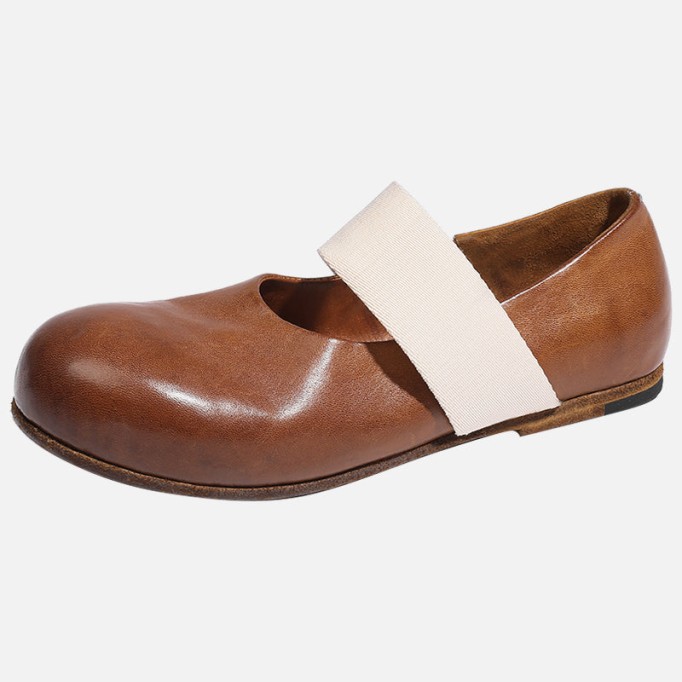 Goodyear Horse Leather Shoes For Women Flat Round Toe Mary Jane Leather Sole in Black/Coffee