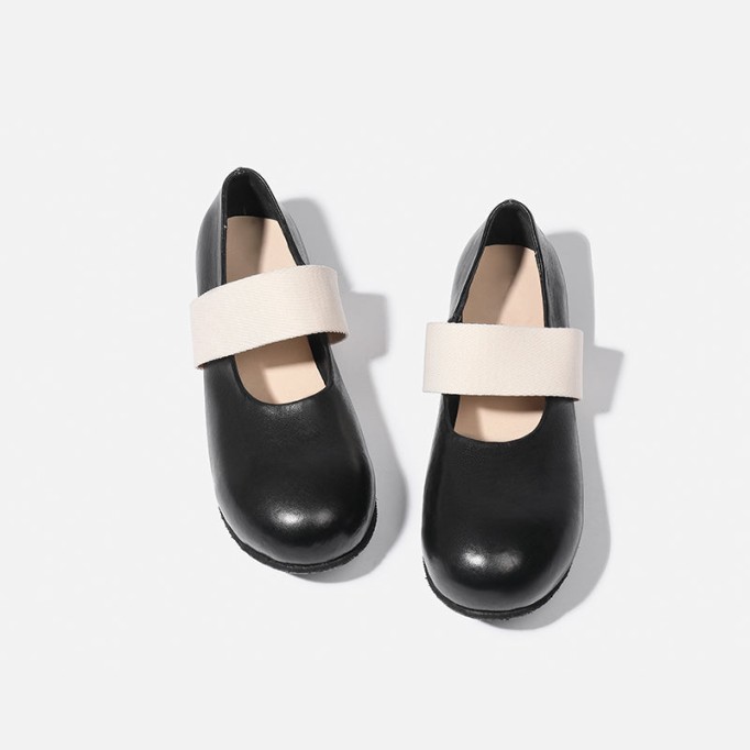 Goodyear Horse Leather Shoes For Women Flat Round Toe Mary Jane Leather Sole in Black/Coffee