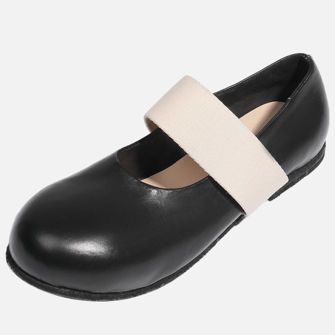 Goodyear Horse Leather Shoes For Women Flat Round Toe Mary Jane Leather Sole in Black/Coffee