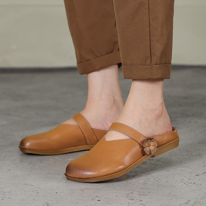 Concise Style Leather Slippers Women Handmade Flats Casual Slip On Shoes Apricot/Brown