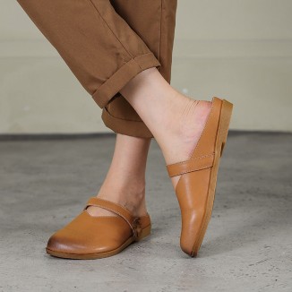 Concise Style Leather Slippers Women Handmade Flats Casual Slip On Shoes Apricot/Brown