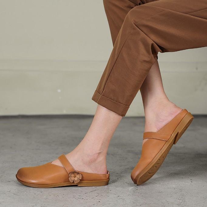 Concise Style Leather Slippers Women Handmade Flats Casual Slip On Shoes Apricot/Brown