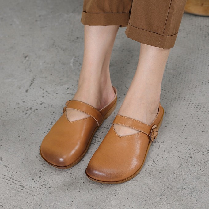Concise Style Leather Slippers Women Handmade Flats Casual Slip On Shoes Apricot/Brown