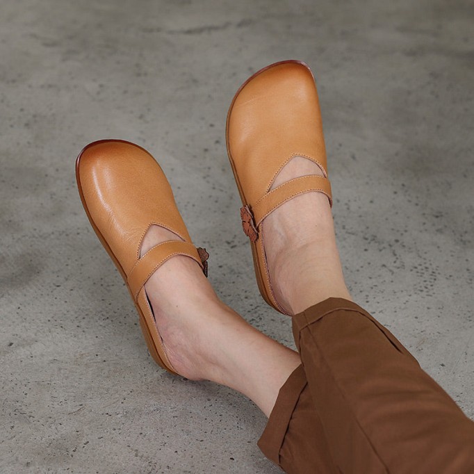 Concise Style Leather Slippers Women Handmade Flats Casual Slip On Shoes Apricot/Brown