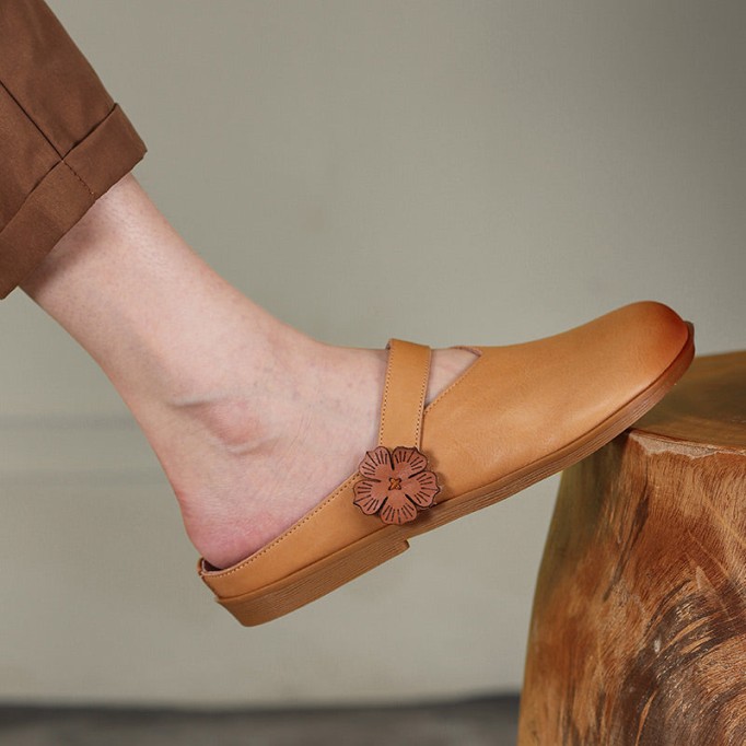 Concise Style Leather Slippers Women Handmade Flats Casual Slip On Shoes Apricot/Brown
