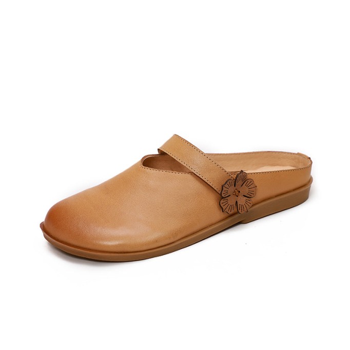 Concise Style Leather Slippers Women Handmade Flats Casual Slip On Shoes Apricot/Brown