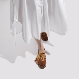 Goodyear Horse Leather Shoes For Women Retro Ribbon Oxfords Leather Sole in Black/Brown