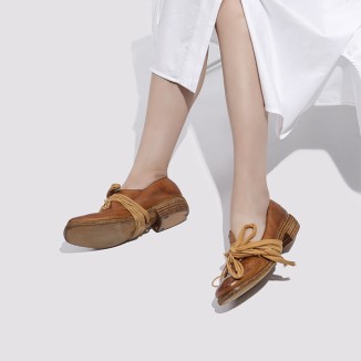 Goodyear Horse Leather Shoes For Women Retro Ribbon Oxfords Leather Sole in Black/Brown