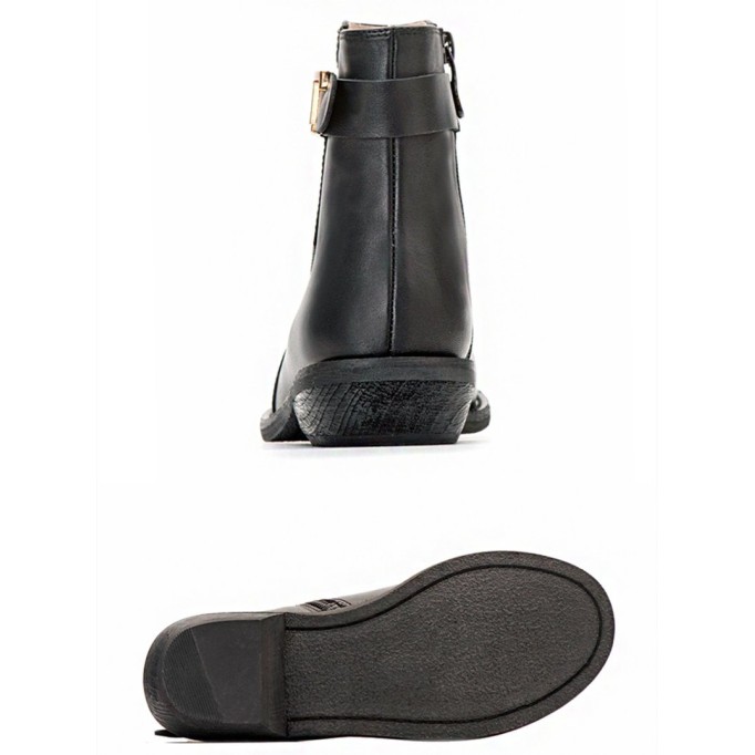 Wide Fit Handmade Genuine Leather Round Toe Back Zip Low Heels Chic Mid-Calf Boots With Buckles Black Leather Lining