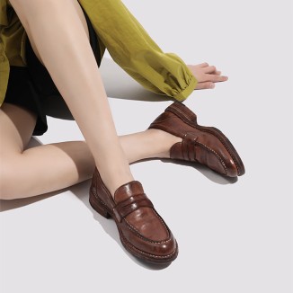 Goodyear Horse Leather Shoes For Women Classic Penny Loafers Leather Sole in Brown/Black