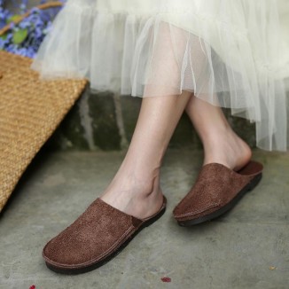 Handmade Retro Leather Mules Women Slippers Round Toe Mori Girl Flat Casual Summer Half Slippers Coffee/Wine Red/Khaki