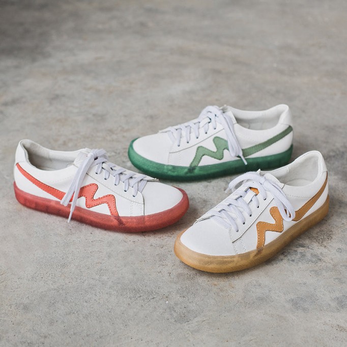 White Sneakers For Summer Womens Handmade Soft Leather Flats Jelly Bottom Red/Green/Yellow