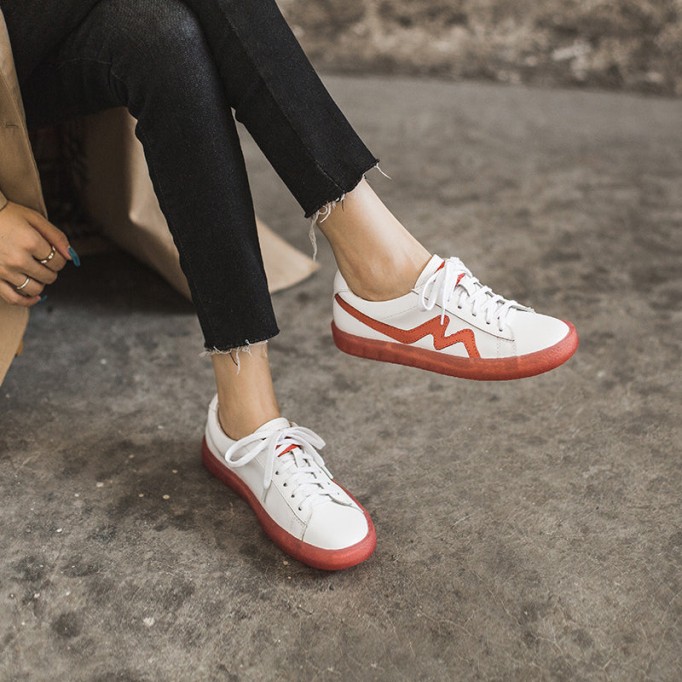 White Sneakers For Summer Womens Handmade Soft Leather Flats Jelly Bottom Red/Green/Yellow