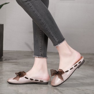 Fashion Design Women'S Slippers Leather Low Wedge Sandals Flat Shoes Offwhite/Brown