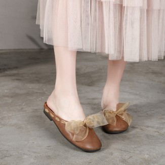 Fashion Design Women'S Slippers Leather Low Wedge Sandals Flat Shoes Offwhite/Brown