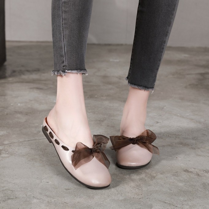 Fashion Design Women'S Slippers Leather Low Wedge Sandals Flat Shoes Offwhite/Brown