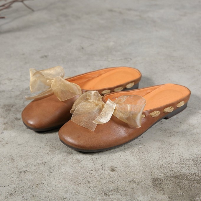 Fashion Design Women'S Slippers Leather Low Wedge Sandals Flat Shoes Offwhite/Brown